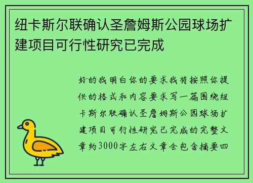 纽卡斯尔联确认圣詹姆斯公园球场扩建项目可行性研究已完成 纽卡斯尔联确认圣詹姆斯公园球场扩建项目可行性研究已完成