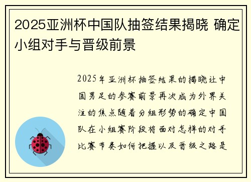 2025亚洲杯中国队抽签结果揭晓 确定小组对手与晋级前景