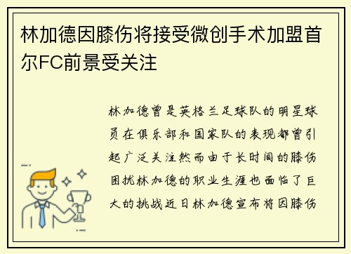 林加德因膝伤将接受微创手术加盟首尔FC前景受关注 林加德因膝伤将接受微创手术加盟首尔FC前景受关注